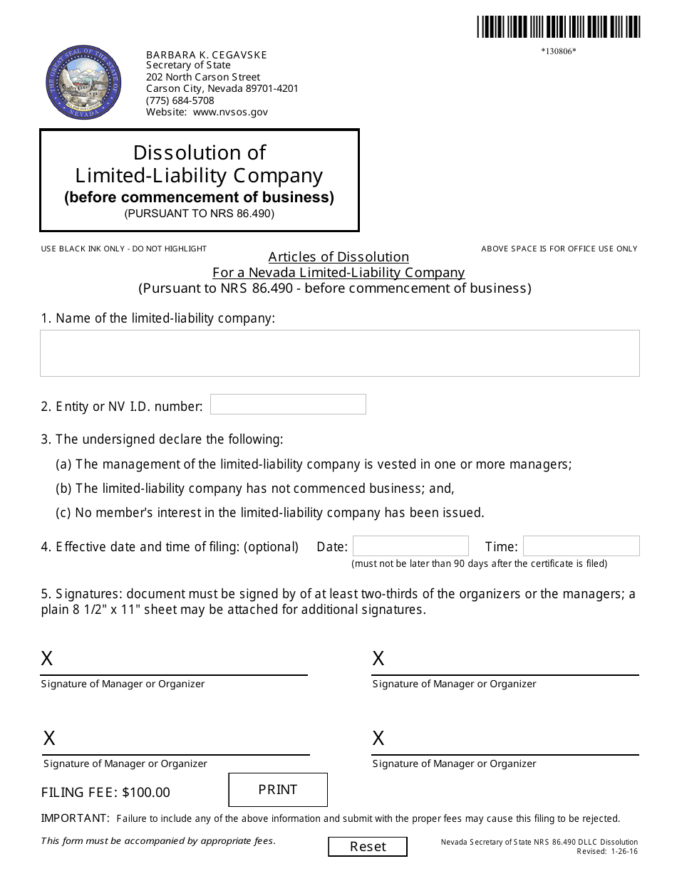 Form 130806 Articles of Dissolution for a Nevada Limited-Liability Company (Pursuant to Nrs 86.490 - Before Commencement of Business) - Nevada, Page 1