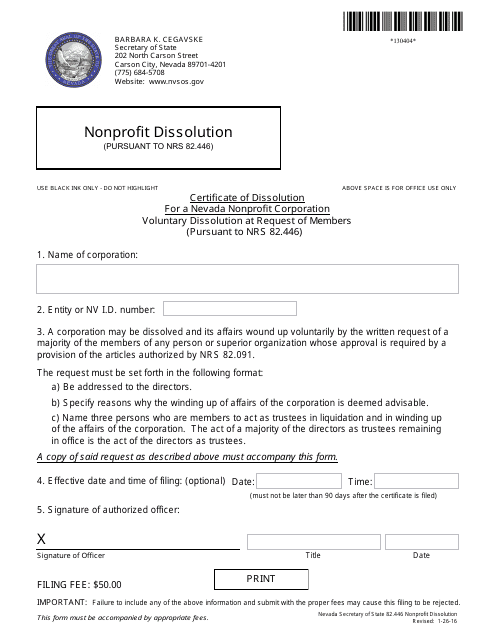 Form 130404 Voluntary Dissolution at Request of Members (Nrs 82.446) - Complete Packet - Nevada