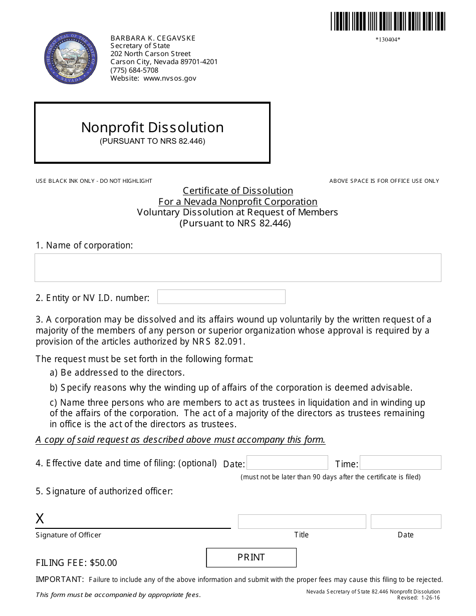 Form 130404 Voluntary Dissolution at Request of Members (Nrs 82.446) - Complete Packet - Nevada, Page 1