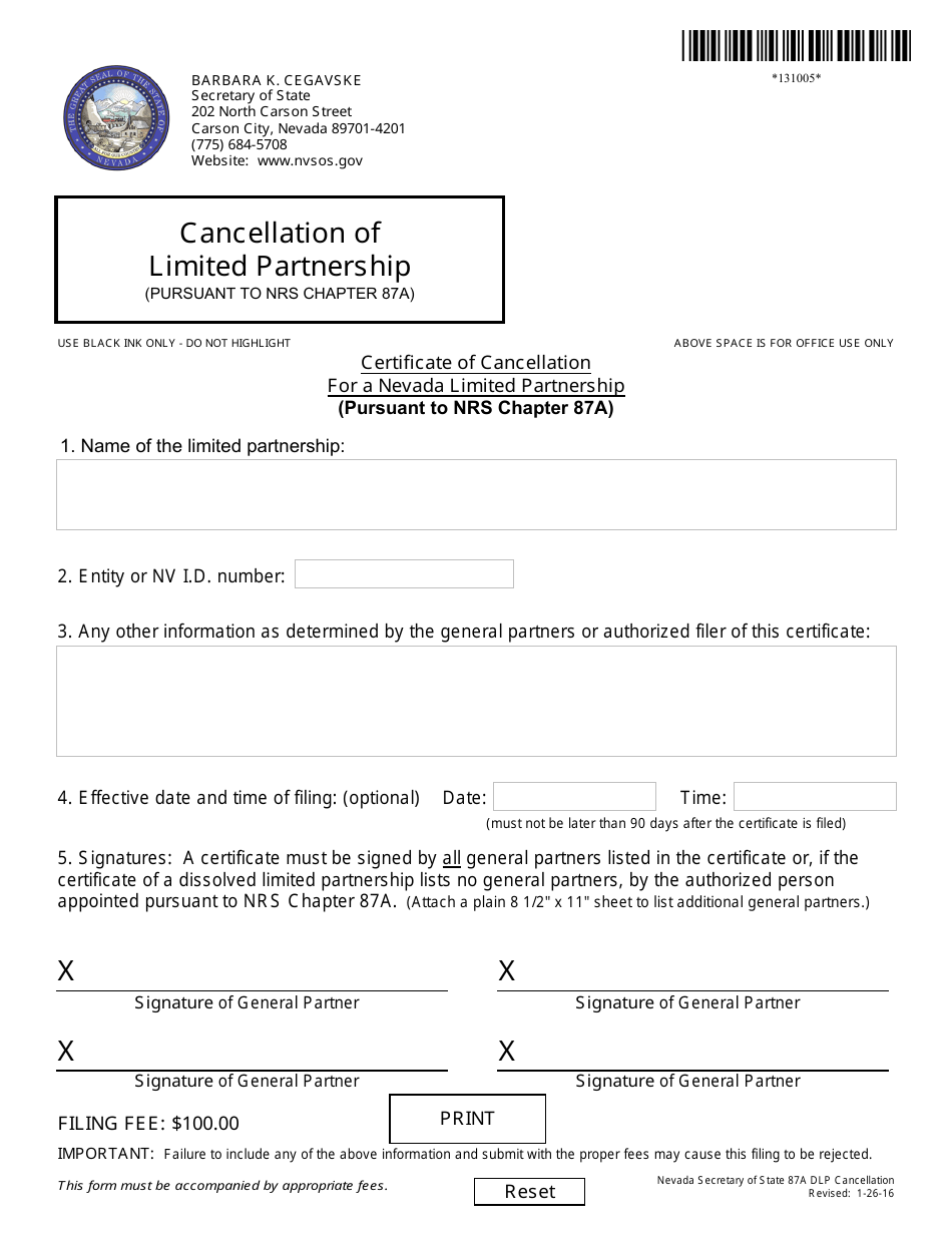 Form 131005 Certificate of Cancellation for a Nevada Limited Partnership (Pursuant to Nrs Chapter 87a) - Nevada, Page 1