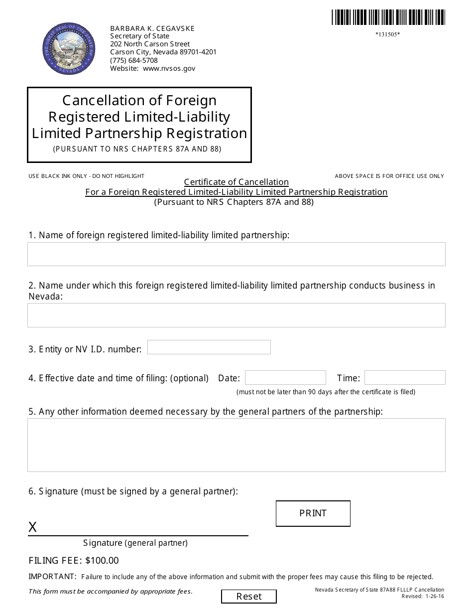 Form 131505 Certificate of Cancellation for a Foreign Registered Limited-Liability Limited Partnership Registration (Pursuant to Nrs Chapters 87a and 88) - Nevada, Page 1