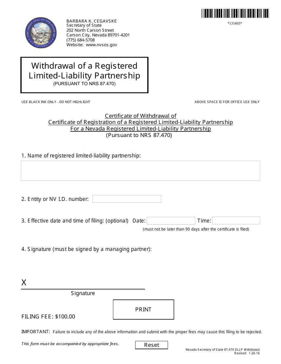 Form 131805 Certificate of Withdrawal of Certificate of Registration of a Registered Limited-Liability Partnership for a Nevada Registered Limited-Liability Partnership (Pursuant to Nrs 87.470) - Nevada, Page 1