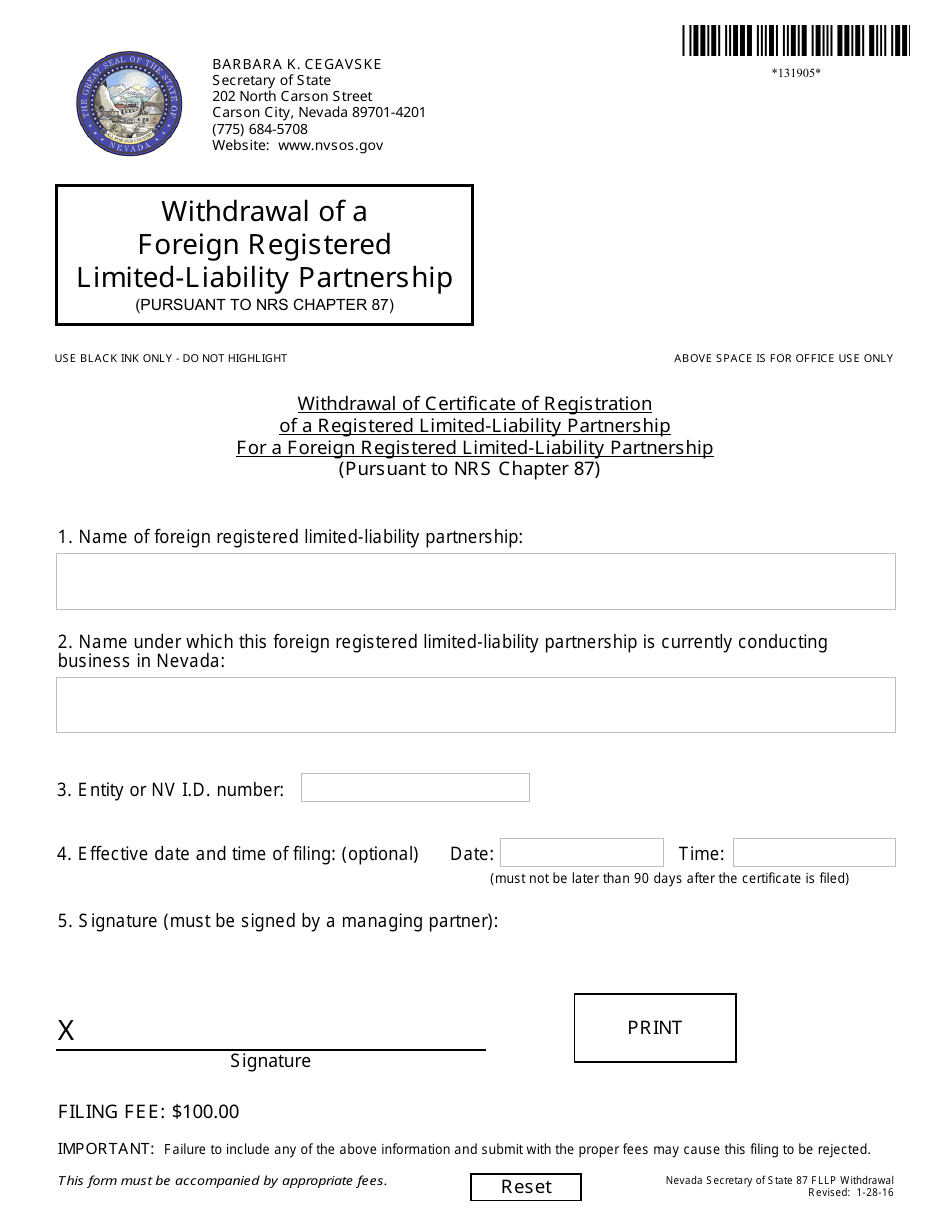 Form 131905 Withdrawal of Certificate of Registration of a Registered Limited-Liability Partnership for a Foreign Registered Limited-Liability Partnership (Pursuant to Nrs Chapter 87) - Nevada, Page 1