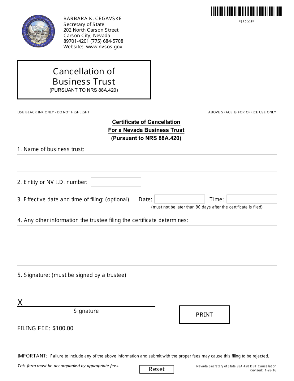 Form 132005 Certificate of Cancellation for a Nevada Business Trust (Pursuant to Nrs 88a.420) - Nevada, Page 1
