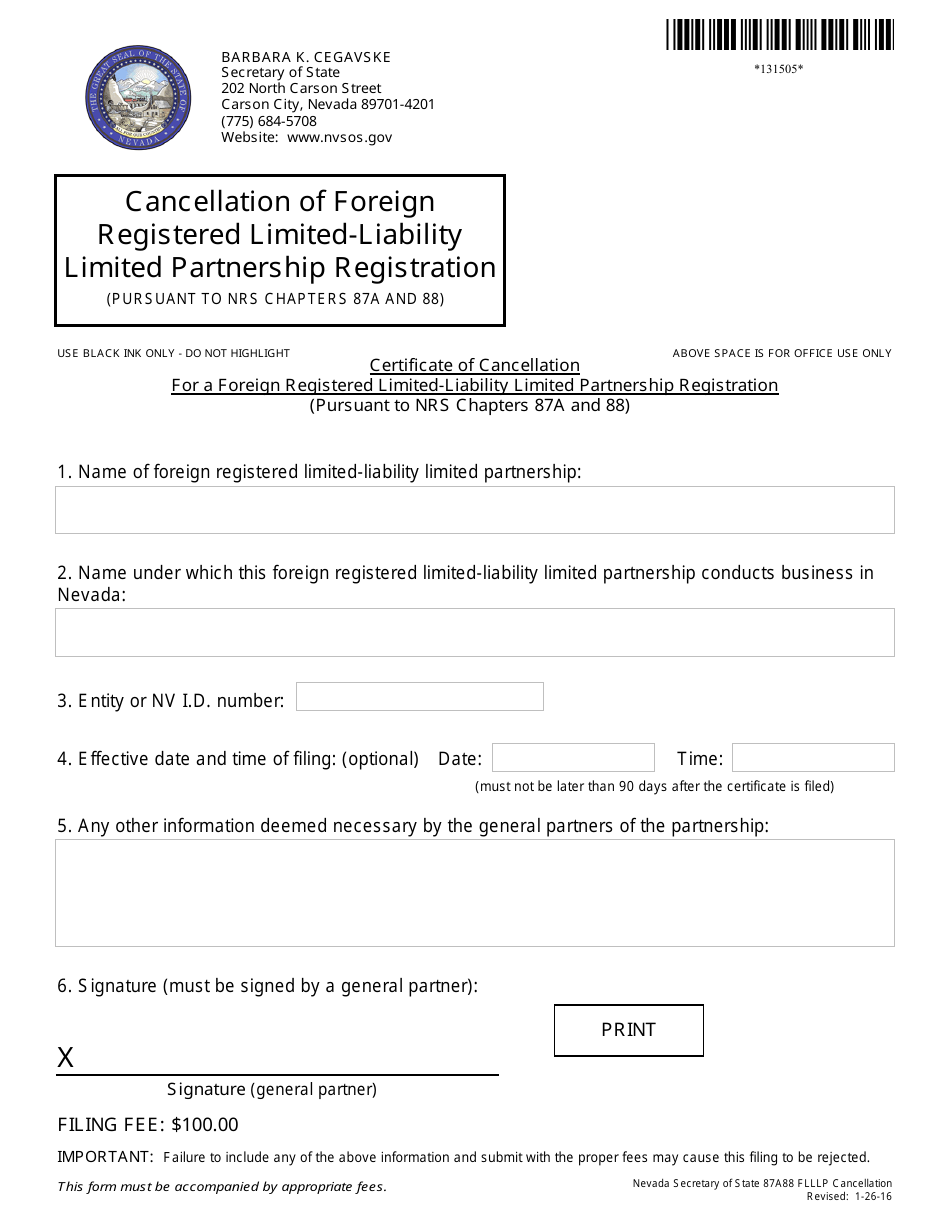 Form 131505 Cancellation of Foreign Limited Partnership Registration (Nrs Chapter 87a ) - Complete Packet - Nevada, Page 1