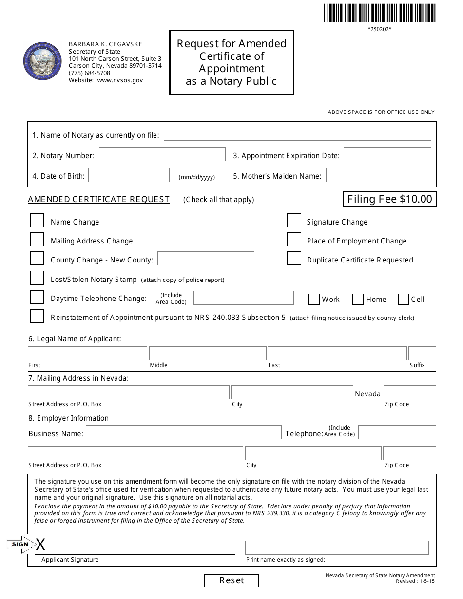 Form 250202 Request for Amended Certificate of Appointment as a Notary Public - Nevada, Page 1