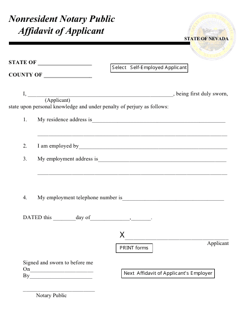 Nonresident Notary Public Affidavit of Applicant - Nevada Download Pdf
