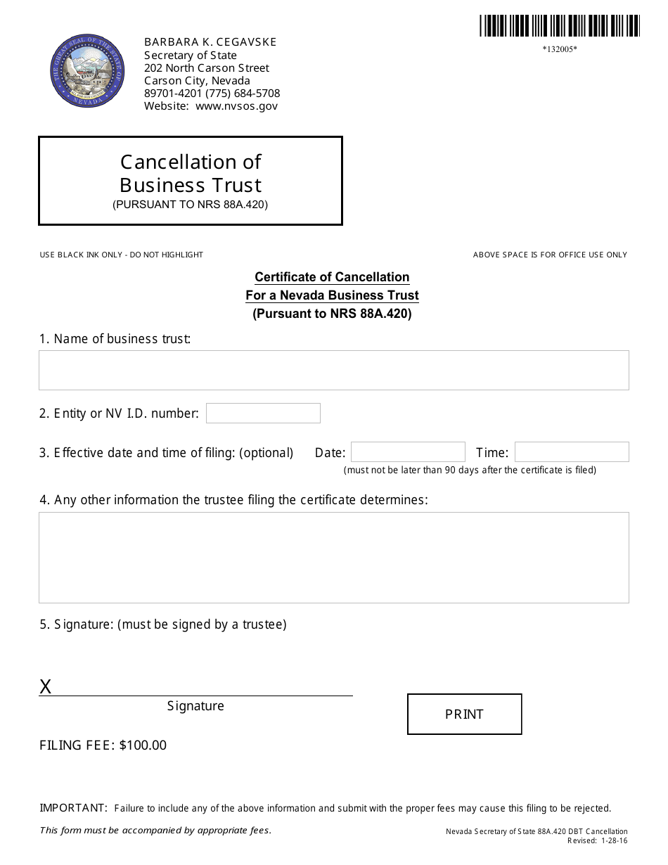 Cancellation of Business Trust (Nrs 88a.420) - Complete Packet - Nevada, Page 1