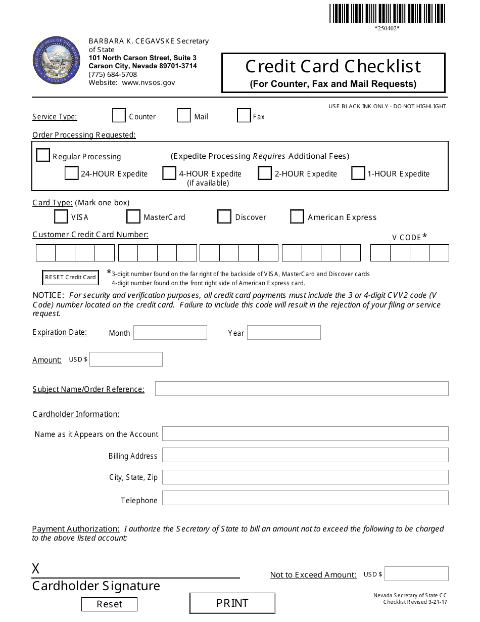Form 250402 Credit Card Checklist (For Counter, Fax and Mail Requests) - Nevada, Page 1