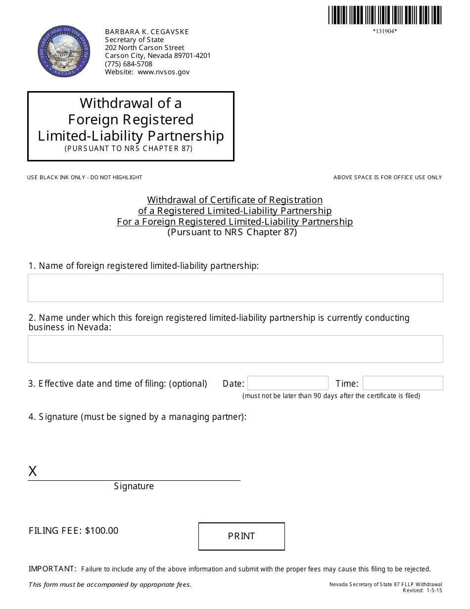 Withdrawal of Foreign Limited-Liability Partnership (Nrs 87.470) - Complete Packet - Nevada, Page 1