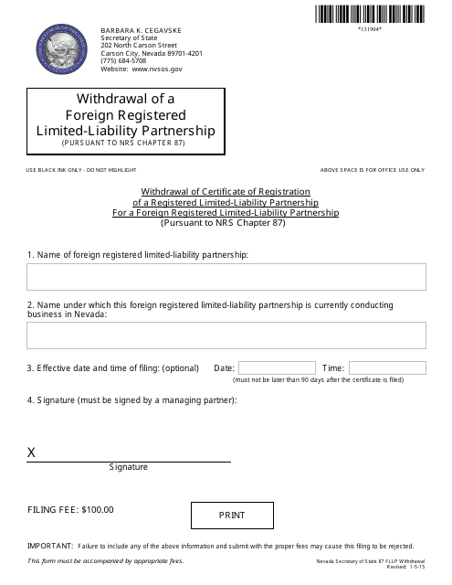 Withdrawal of Foreign Limited-Liability Partnership (Nrs 87.470) - Complete Packet - Nevada Download Pdf