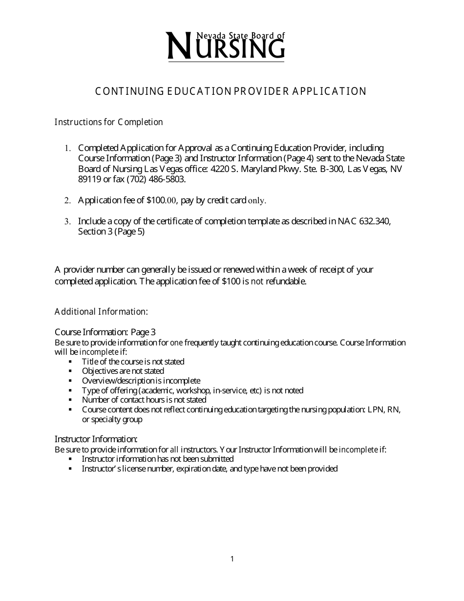 Application for Approval as a Continuing Education Provider - Nevada, Page 1