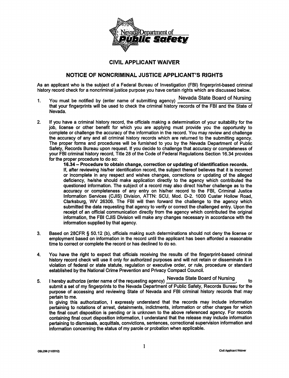 Form OBL256 Civil Applicant Waiver - Nevada, Page 1