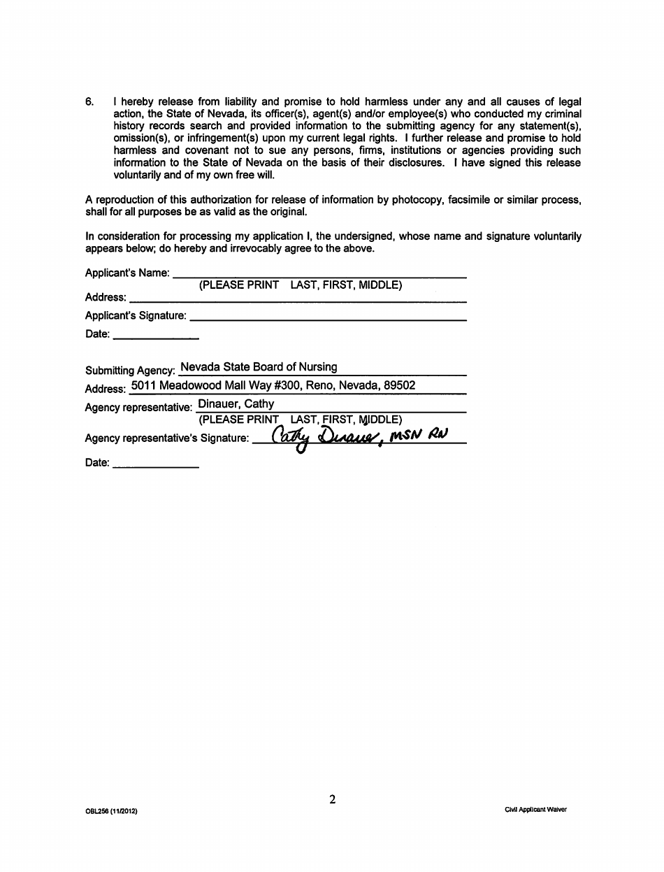 Form OBL256 Civil Applicant Waiver - Nevada, Page 2