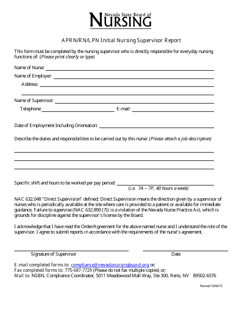 Aprn/Rn/Lpn Initial Nursing Supervisor Report Form - Nevada