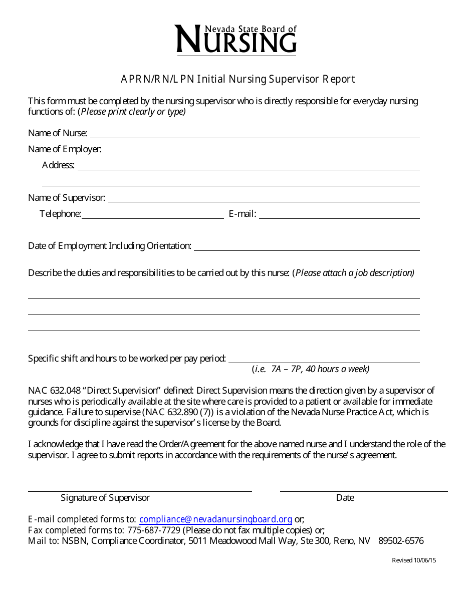 Aprn / Rn / Lpn Initial Nursing Supervisor Report Form - Nevada, Page 1
