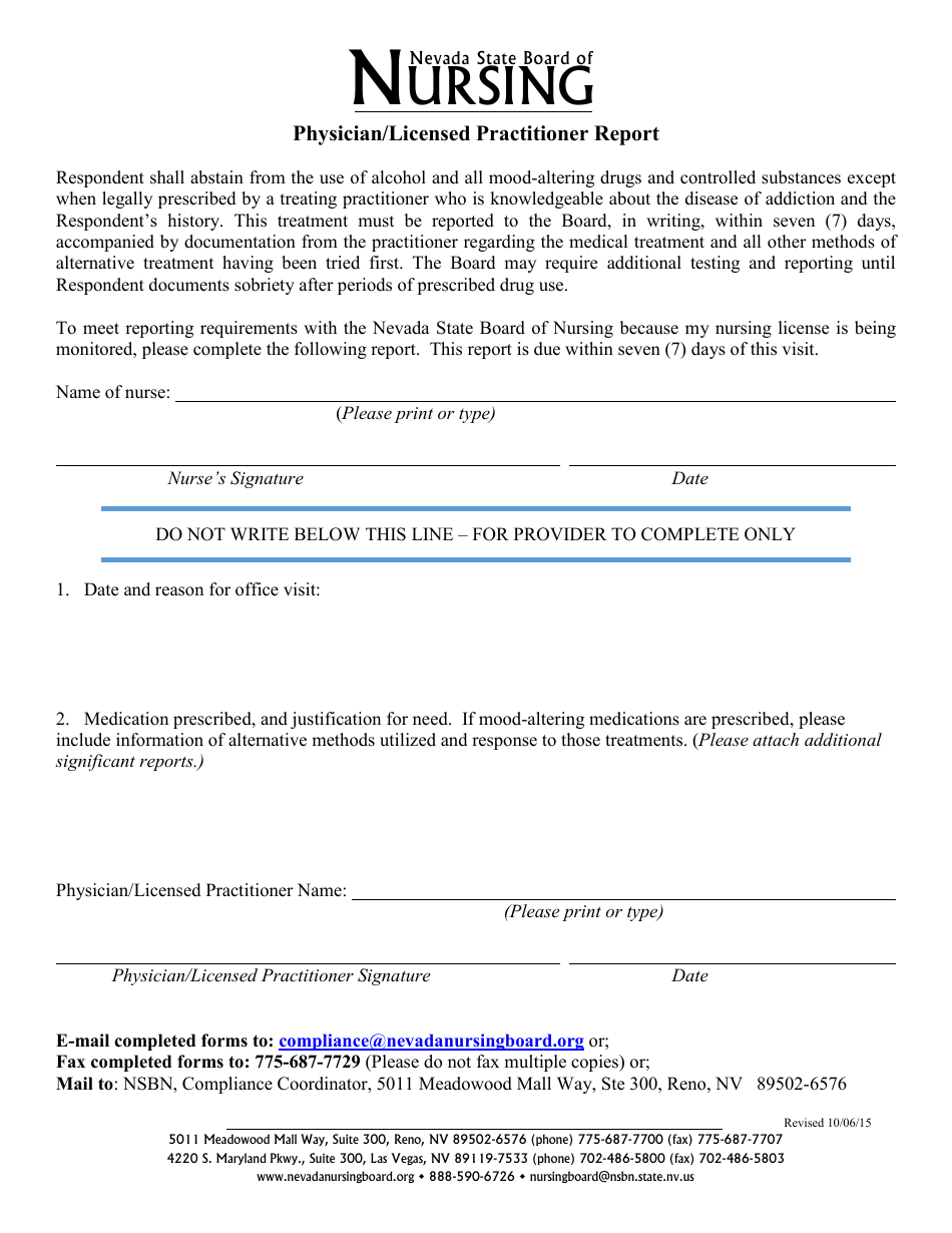 Physician/Licensed Practitioner Report Form - Nevada, Page 1