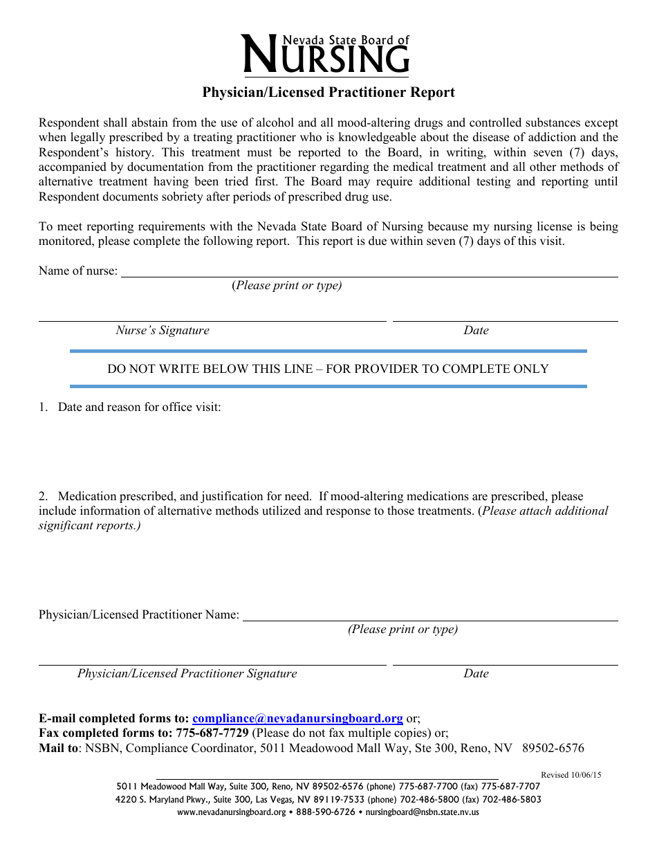Nevada Physician/Licensed Practitioner Report Form Download Printable