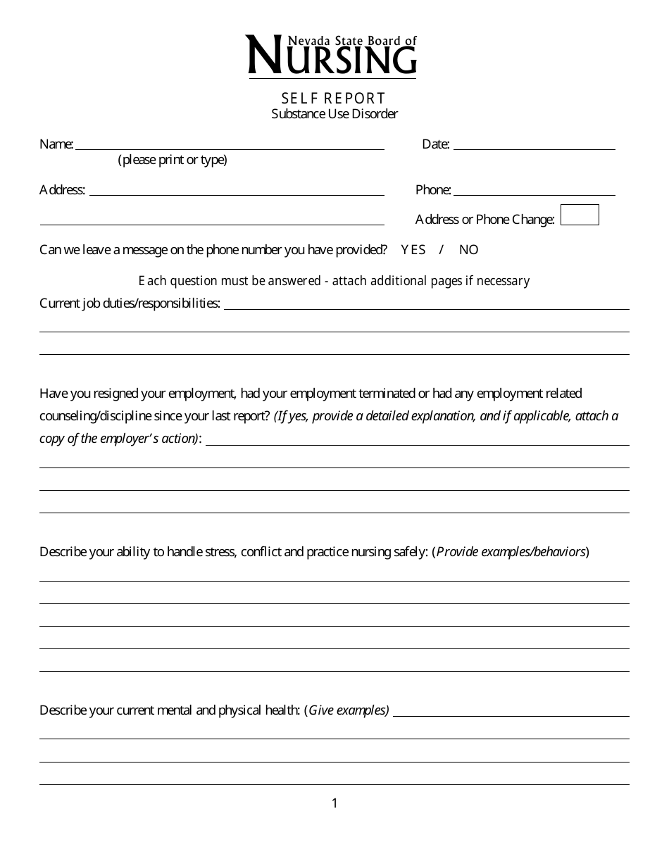 Self Report Form - Substance Use Disorder - Nevada, Page 1