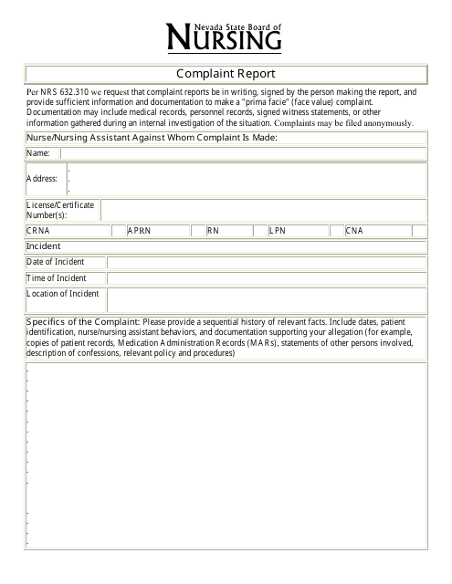 Complaint Report Form - Nevada