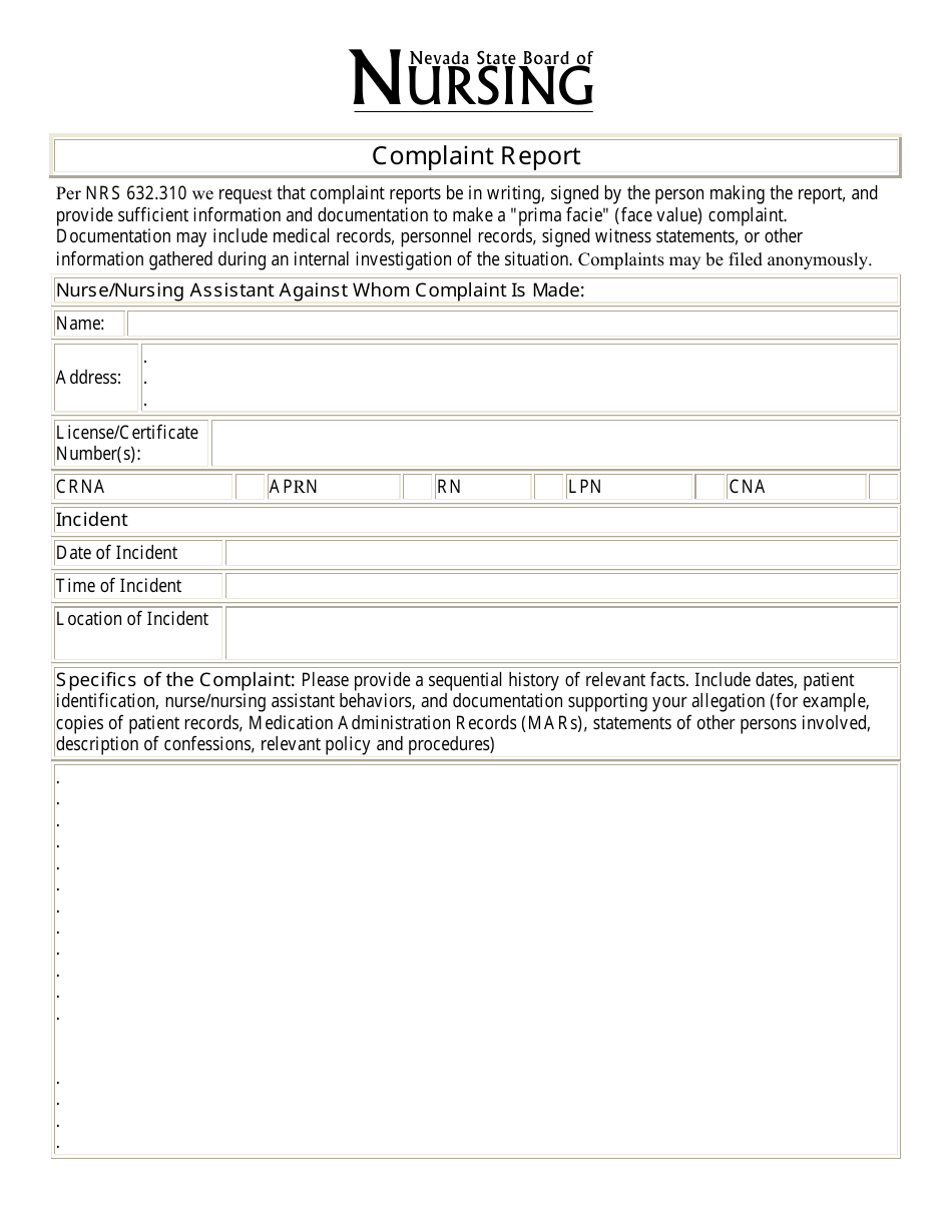 Nevada Complaint Report Form Fill Out, Sign Online and Download PDF