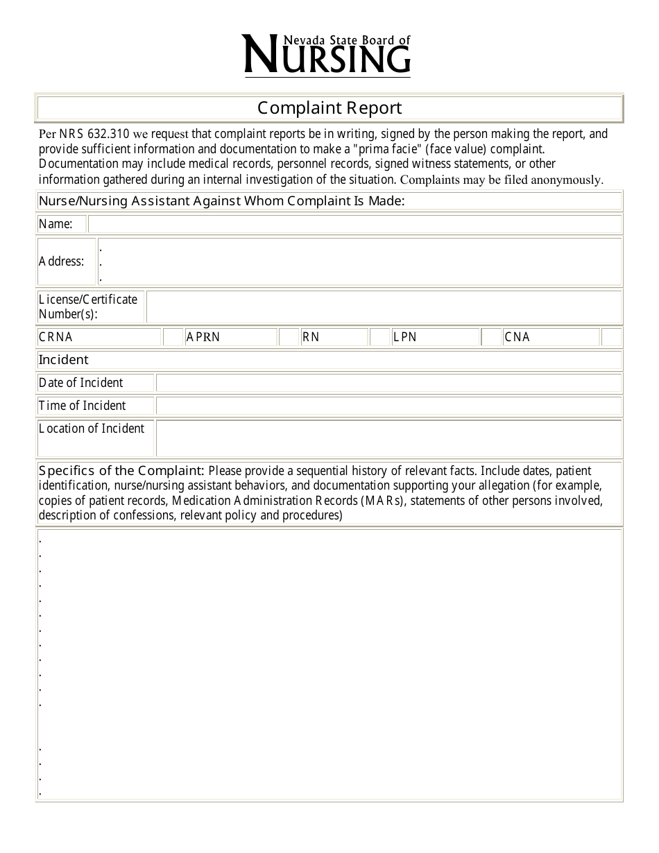 Complaint Report Form - Nevada, Page 1