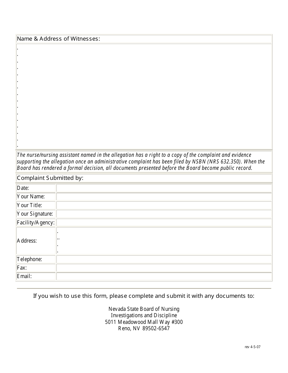 Complaint Report Form - Nevada, Page 2
