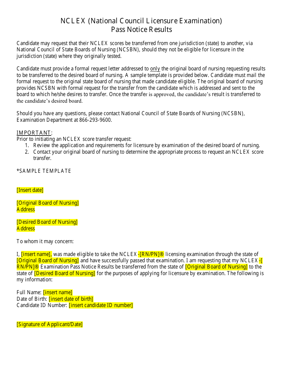 Sample Nclex Score Transfer Form - Nevada, Page 1