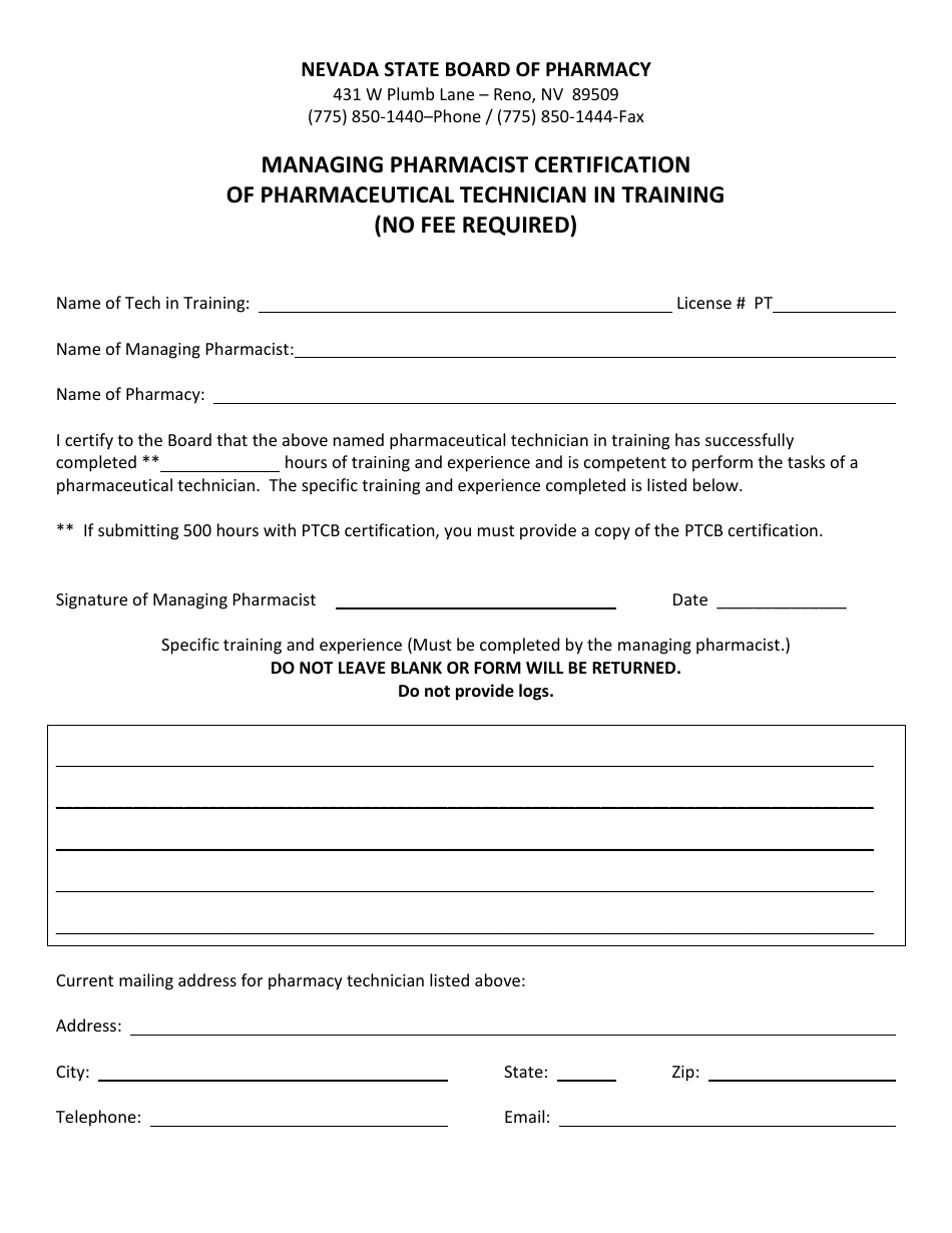 Managing Pharmacist Certification of Pharmaceutical Technician in Training - Nevada, Page 1