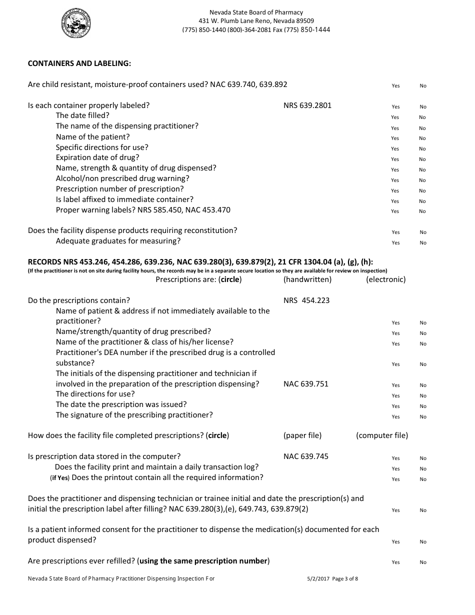 Practitioner Dispensing Inspection Form - Nevada, Page 3