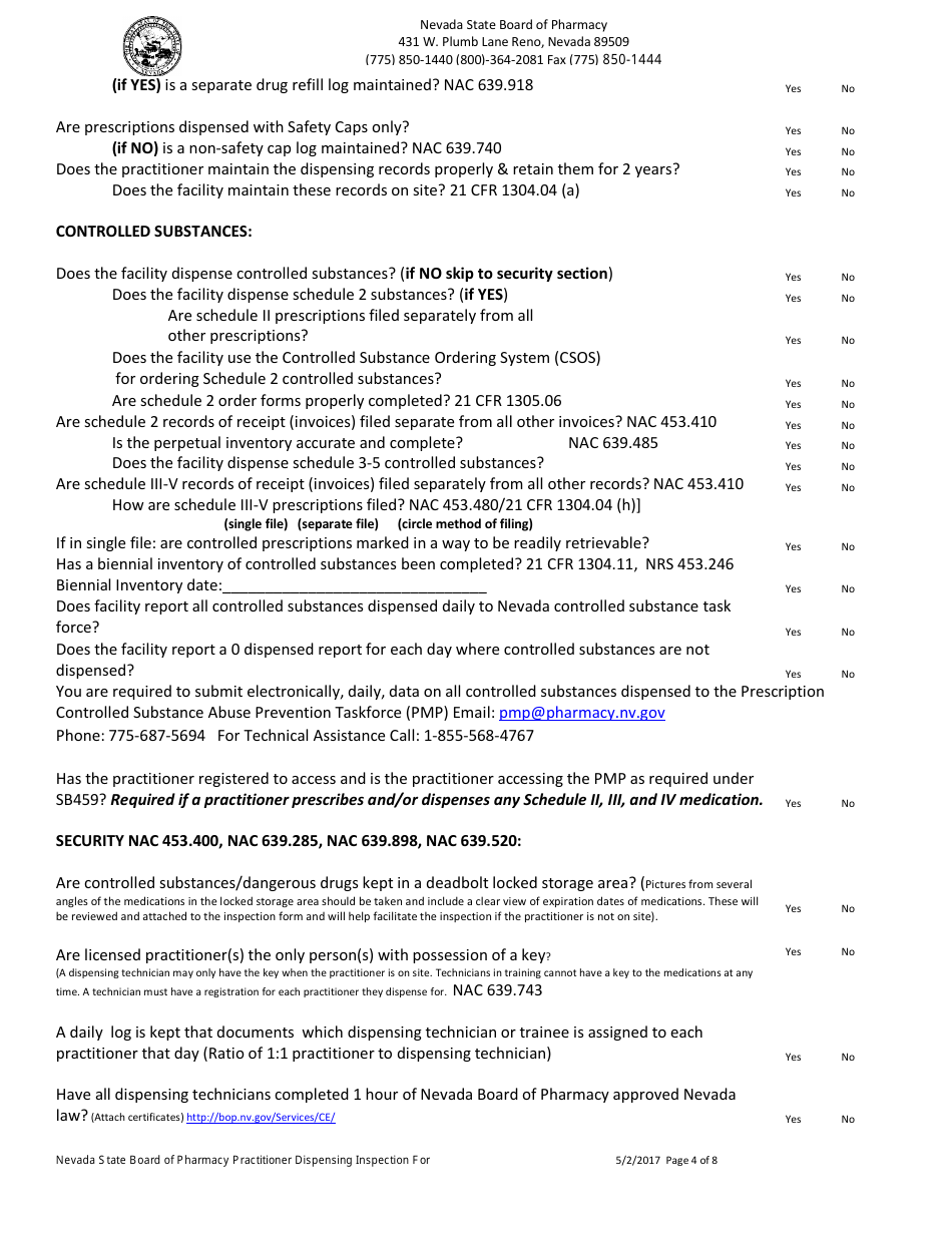 Practitioner Dispensing Inspection Form - Nevada, Page 4