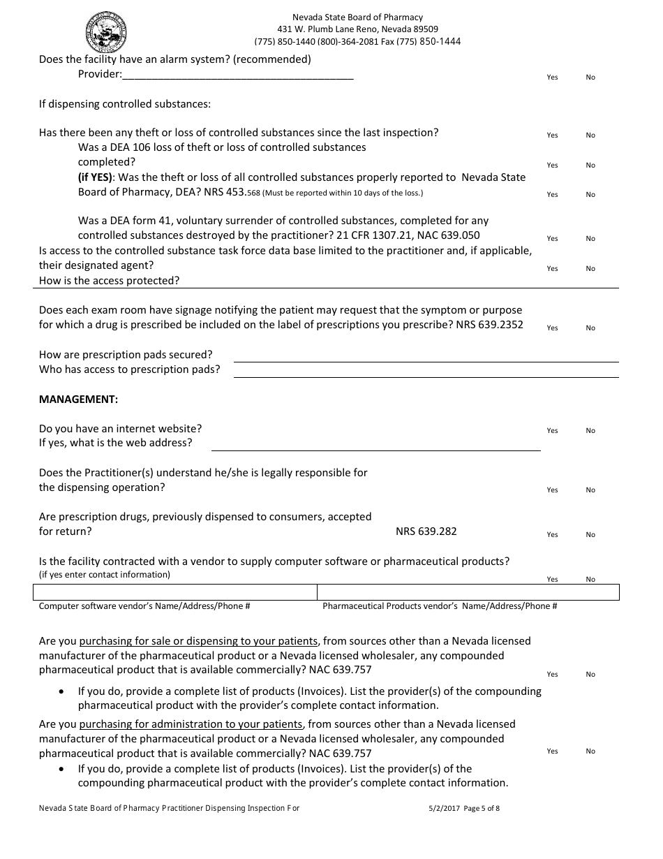 Practitioner Dispensing Inspection Form - Nevada, Page 5