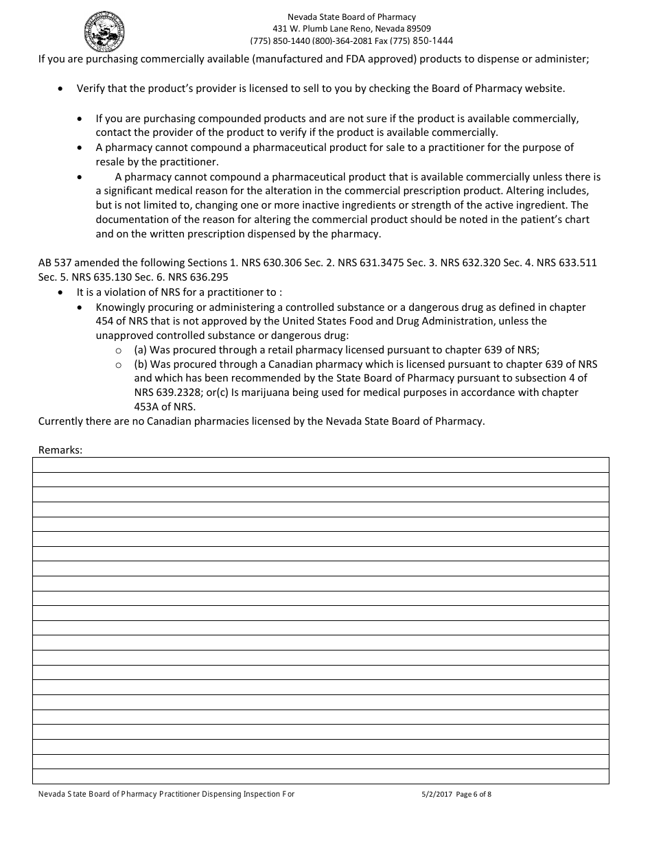 Practitioner Dispensing Inspection Form - Nevada, Page 6