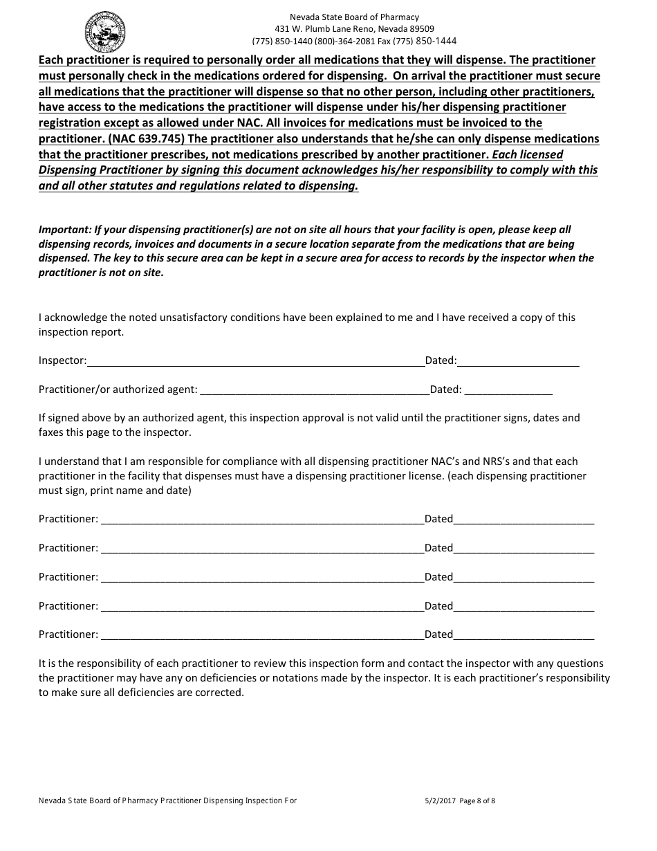Practitioner Dispensing Inspection Form - Nevada, Page 8
