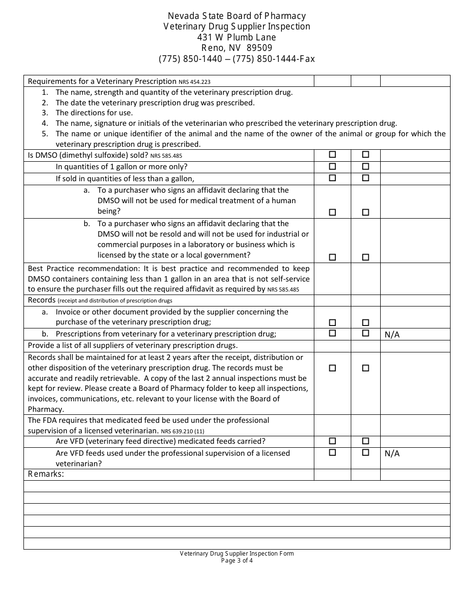 Veterinary Drug Supplier Inspection Form - Nevada, Page 3
