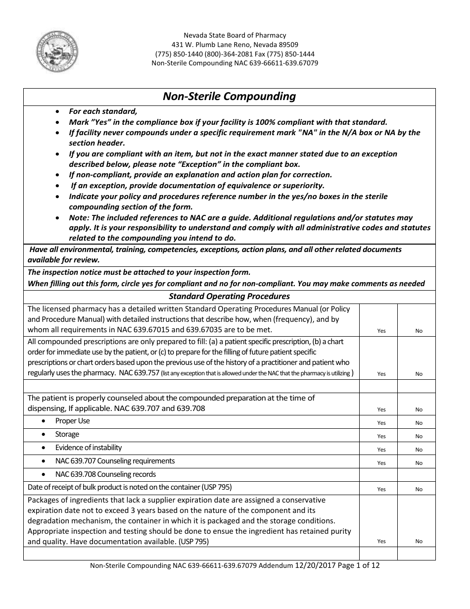 Non-sterile Compounding Addendum Form - Nevada, Page 1