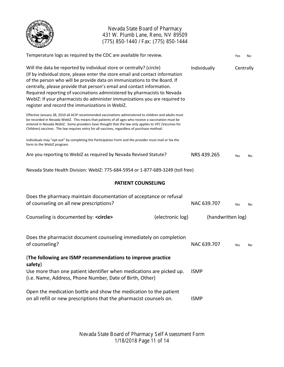 Retail Pharmacy Inspection Form - Nevada, Page 11