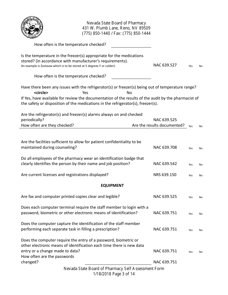 Retail Pharmacy Inspection Form - Nevada, Page 3