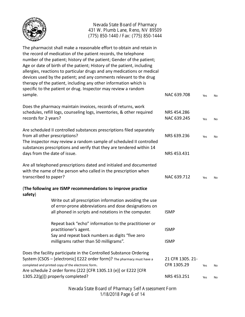 Retail Pharmacy Inspection Form - Nevada, Page 6