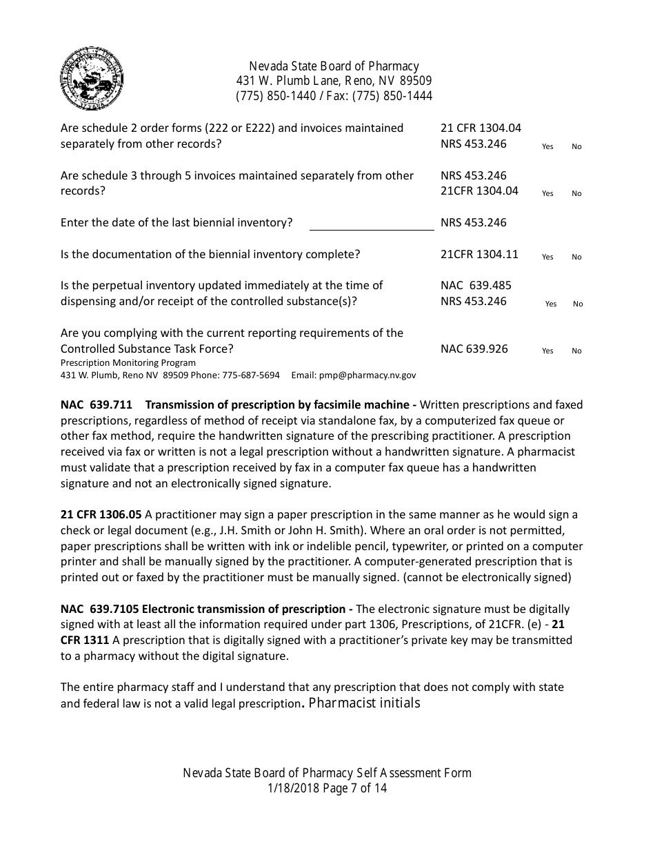 Retail Pharmacy Inspection Form - Nevada, Page 7