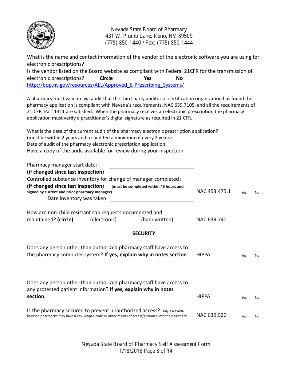 Retail Pharmacy Inspection Form - Nevada, Page 8