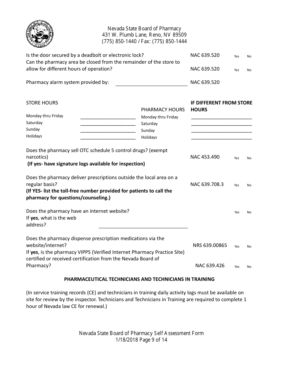 Retail Pharmacy Inspection Form - Nevada, Page 9
