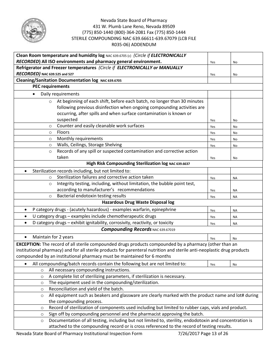 Institutional Inspection Form - Nevada, Page 13