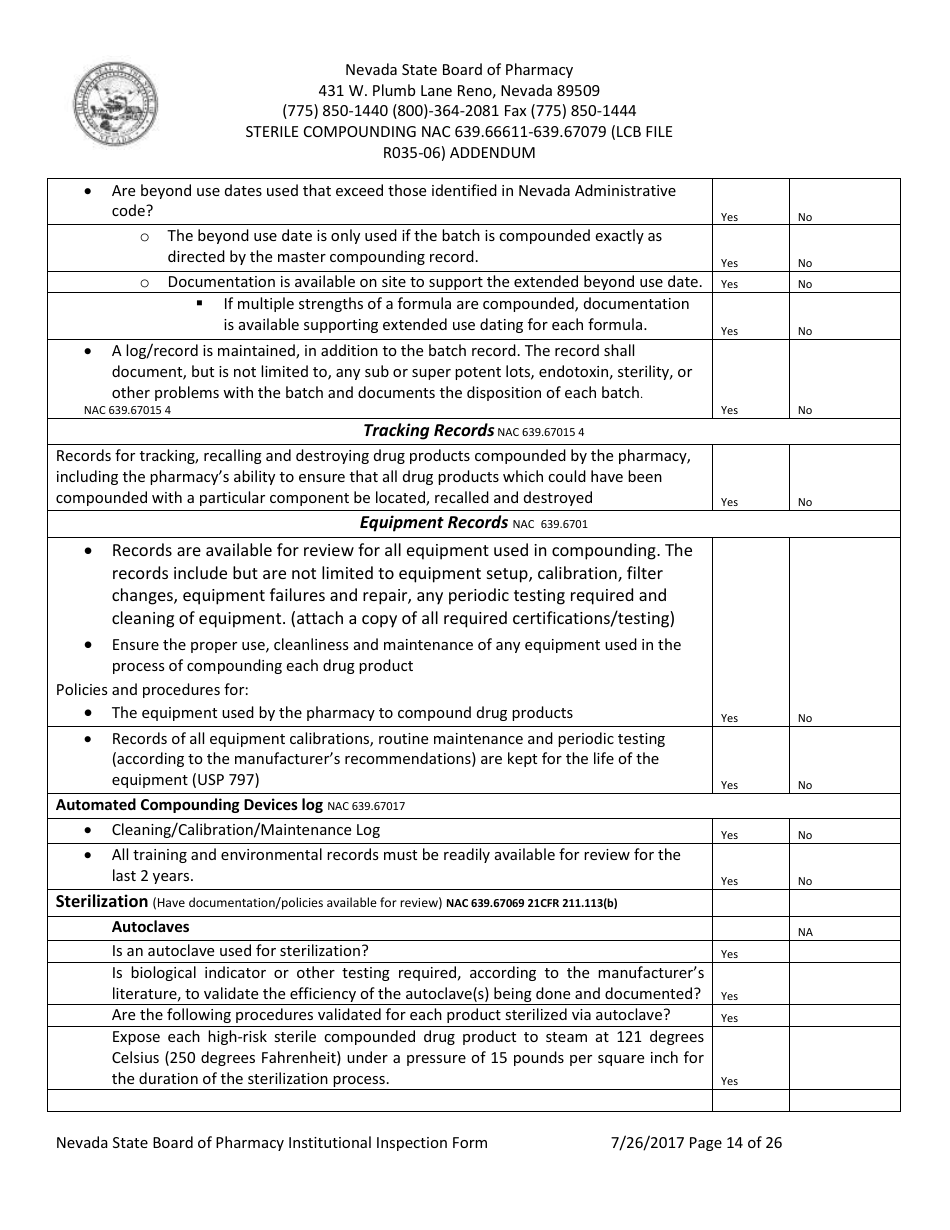 Institutional Inspection Form - Nevada, Page 14