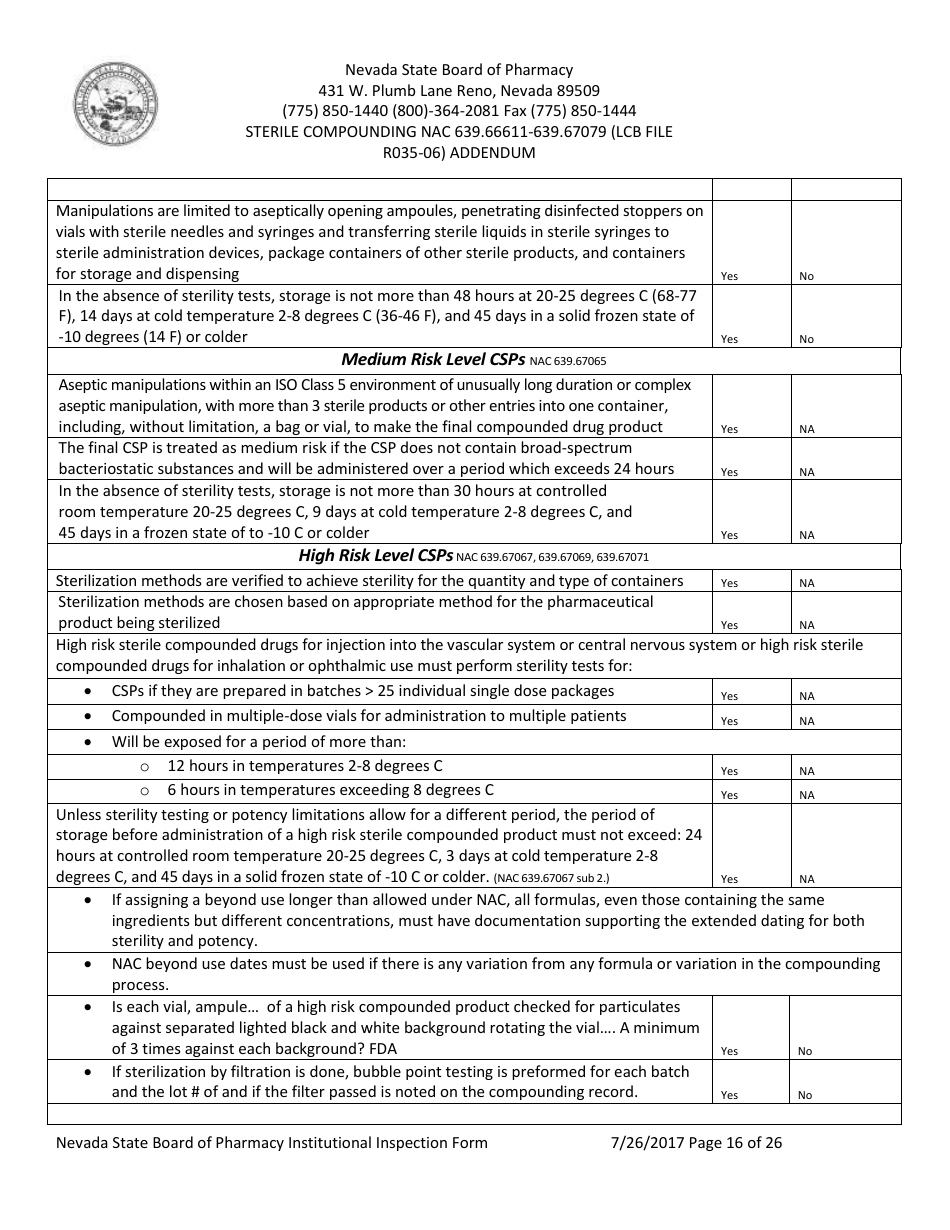 Institutional Inspection Form - Nevada, Page 16