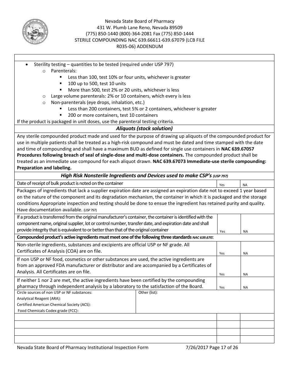 Institutional Inspection Form - Nevada, Page 17