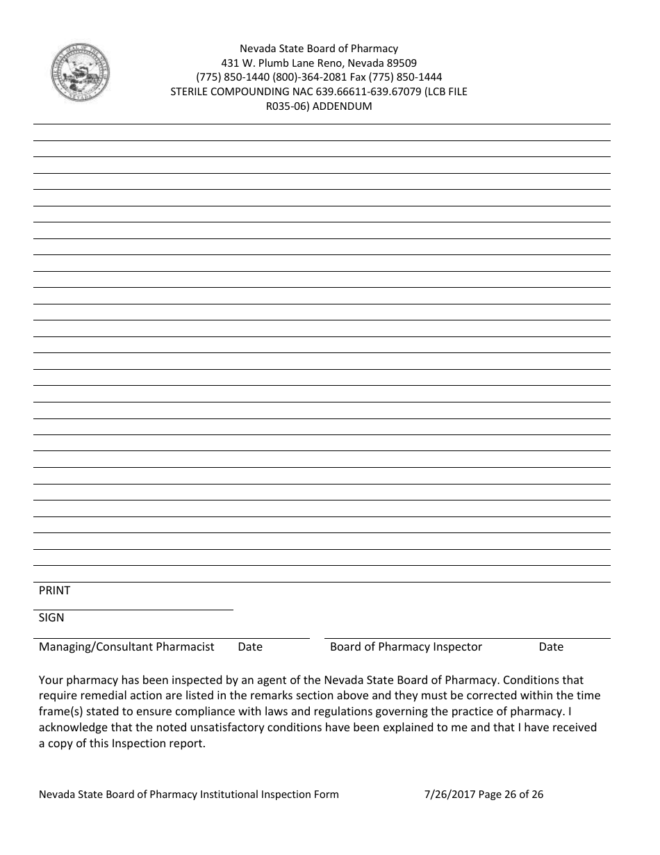 Institutional Inspection Form - Nevada, Page 26