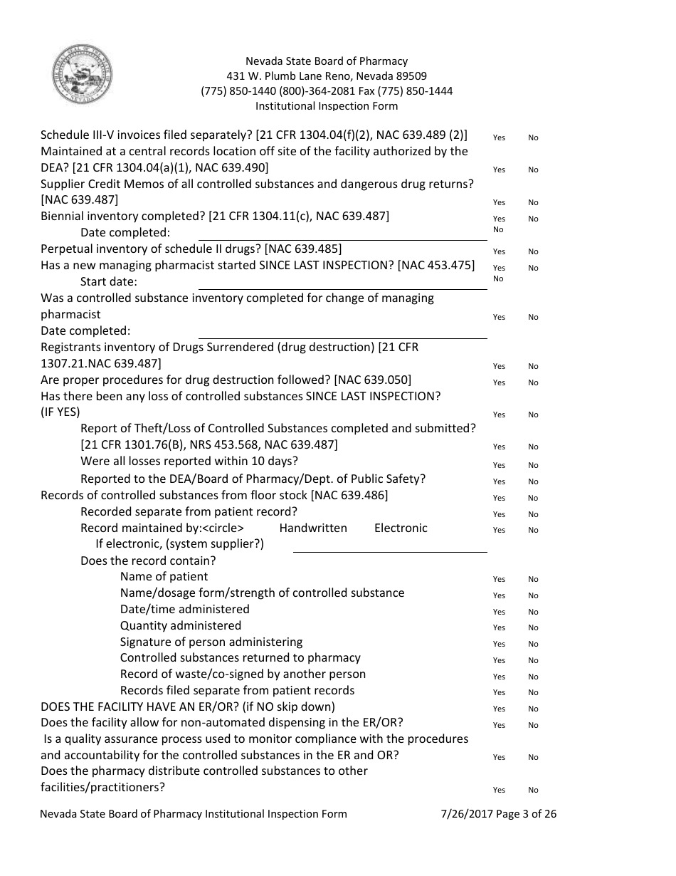 Institutional Inspection Form - Nevada, Page 3