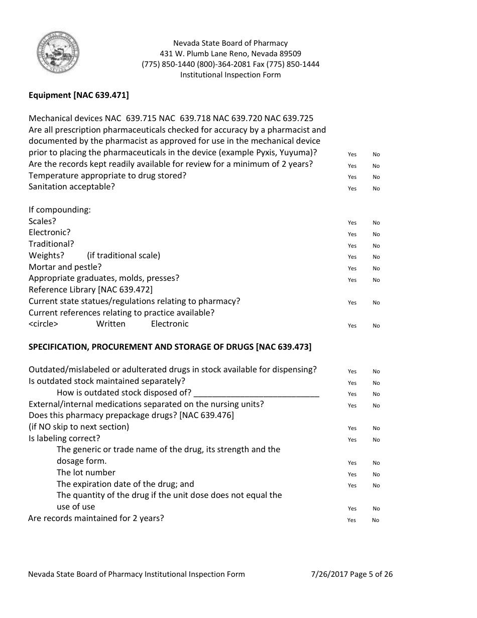 Institutional Inspection Form - Nevada, Page 5