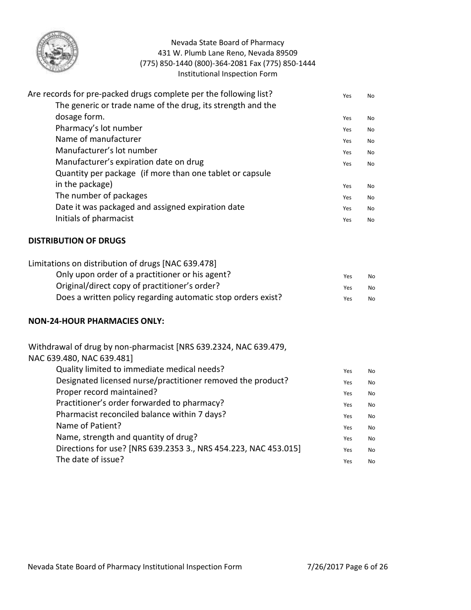 Institutional Inspection Form - Nevada, Page 6